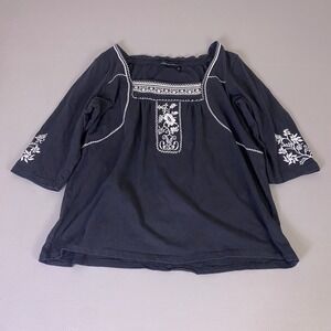 Avenue Tunic Top Blouse Women's 18/20 Black Embroidered Floral 3/4 Sleeve Boho